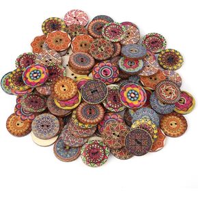 100PCS Wooden Handmade Buttons Mixed Random Round Shapes Retro Buttons for Sewing Decorations DIY Arts and Crafts Manual Button Painting