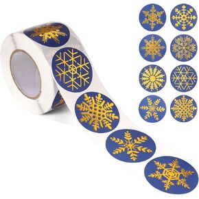 500pcs Snowflake Stickers Roll, Coated Paper with Foil Stamping Process Christmas Decals 1.5in Round Winter Snowflake Labels Holiday Adhesive Stickers for Winter Decoration Envelope Seal