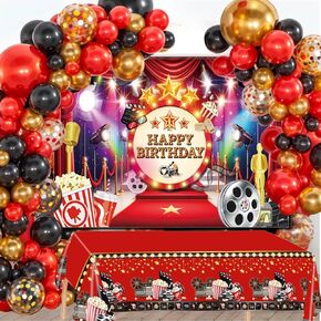 109pcs Movie Night Birthday Party Decorations Lights Camera Action Popcorn Clapboard Movie Theater Party Backdrop Tablecloth with Balloons Garland Arch for Home Film Party Red Carpet Ceremony