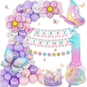 2nd Birthday Decorations for Girl, 2 Year Old Bday Decorations Girl Butterfly Birthday Party Decorations Happy Birthday Banner Pink and Purple Balloons Second Birthday Decoration Girl