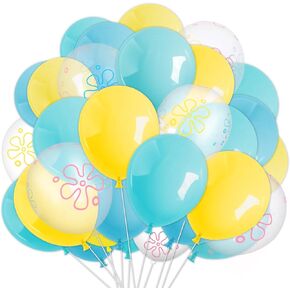 60Pcs Cartoon Sponge Party Balloon Bikini Flower Bubble Printed Latex Balloon Teal Blue Yellow Clear Balloon for Birthday Baby Shower Party Decor, 12 in