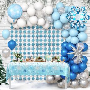 120 Pcs Winter Balloon Arch Garland Kit Blue Sliver Snowflake Party Decorations with Tablecloth Winter Wonderland Baby Shower Froozen Birthday Balloon Arch Kit Party Decorations Supplies