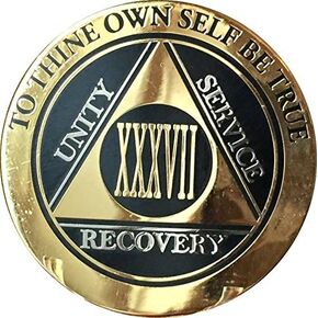 RecoveryChip 37 Year AA Medallion Elegant Black Gold Silver Bi-Plated Alcoholics Anonymous Chip