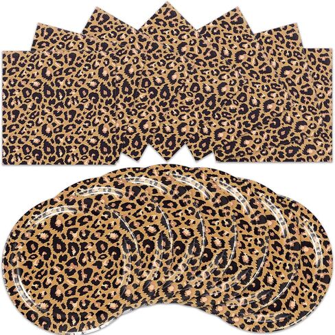40pcs leopard print Party Supplies， Jungle Safari Animal Print Paper Plates and Napkins for Birthday Party, Baby Shower Zoo Disposable Tableware in Kuwait