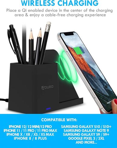 Aduro U-Light LED Desk Lamp Organizer Desk Light with Pen Holder & QI Wireless Charger Stand Black in Saudi Arabia