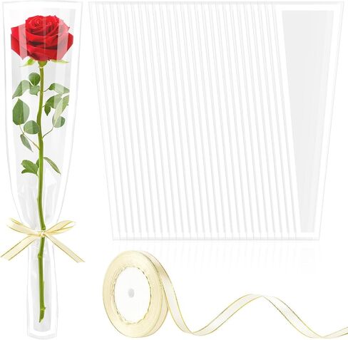 Mauproy 100Pcs Single Rose Sleeves with White Edges, Single Flower Bags with Ribbons Plastic Flower Wrap for Wedding, Birthday, Christmas, Florist Supplies in Saudi Arabia