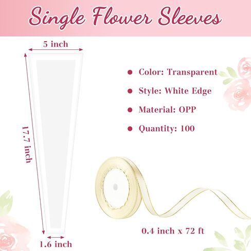 Mauproy 100Pcs Single Rose Sleeves with White Edges, Single Flower Bags with Ribbons Plastic Flower Wrap for Wedding, Birthday, Christmas, Florist Supplies in Saudi Arabia