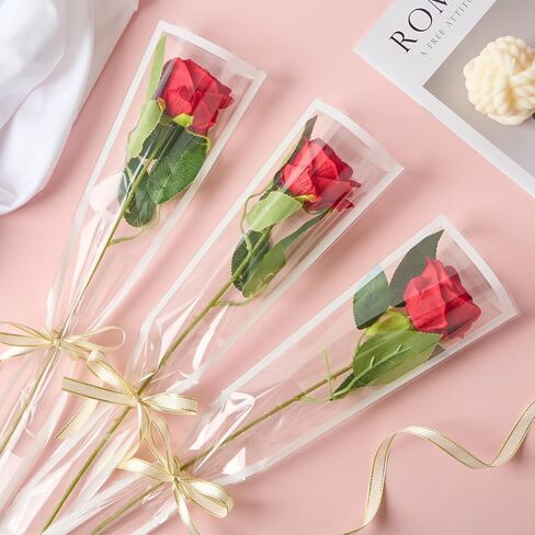 Mauproy 100Pcs Single Rose Sleeves with White Edges, Single Flower Bags with Ribbons Plastic Flower Wrap for Wedding, Birthday, Christmas, Florist Supplies in Saudi Arabia