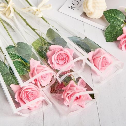 Mauproy 100Pcs Single Rose Sleeves with White Edges, Single Flower Bags with Ribbons Plastic Flower Wrap for Wedding, Birthday, Christmas, Florist Supplies in Saudi Arabia