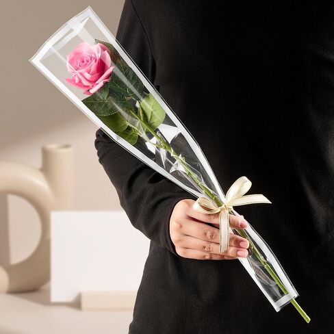 Mauproy 100Pcs Single Rose Sleeves with White Edges, Single Flower Bags with Ribbons Plastic Flower Wrap for Wedding, Birthday, Christmas, Florist Supplies in Saudi Arabia