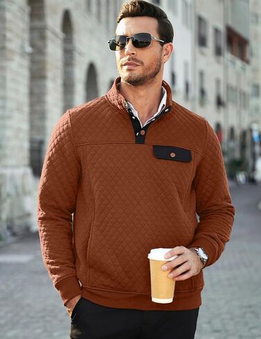 JMIERR Men's Quilted Sweatshirt Casual Long Sleeve Outdoor Stand Collar Button Pullover Sweatshirts in Kuwait