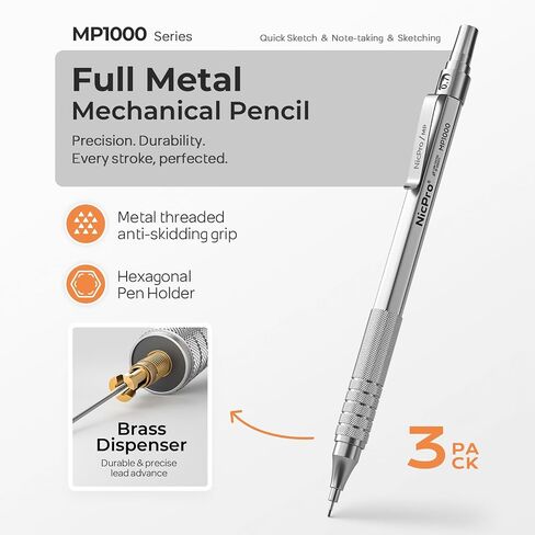 Nicpro 0.7 Metal Mechanical Pencil Set with Case, 3PCS MP1000 0.7mm Artist Lead Pencil With 8 Tube HB Refills, 3 Erasers, 9 Eraser Refill For Architect Art Drafting Drawing Engineering, Sketching in Saudi Arabia