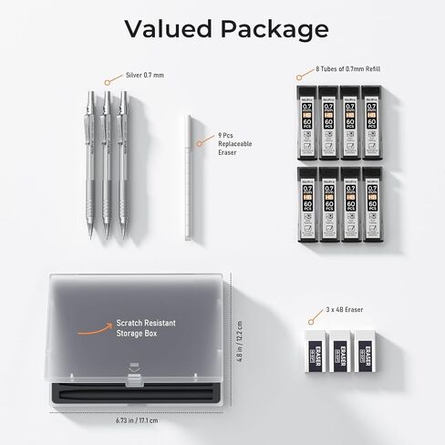 Nicpro 0.7 Metal Mechanical Pencil Set with Case, 3PCS MP1000 0.7mm Artist Lead Pencil With 8 Tube HB Refills, 3 Erasers, 9 Eraser Refill For Architect Art Drafting Drawing Engineering, Sketching in Saudi Arabia