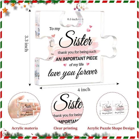 Puzzle Gifts for Sister - 4" x 3.3" Acrylic Puzzle Piece Plaque Sister Gifts from Sister Birthday Thanksgiving Christmas Decorations Gift in Saudi Arabia