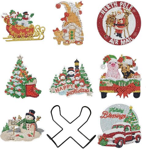 EVECLIOO 8 قطع من قواعد الأكواب الفنية الماسية لعيد الميلاد، DIY قواعد الأكواب الفنية الماسية لعيد الميلاد مع حامل، قبعة عيد الميلاد سانتا كلوز، مجموعة فنية لرجل الثلج والبقرة للأطفال والكبار in Kuwait