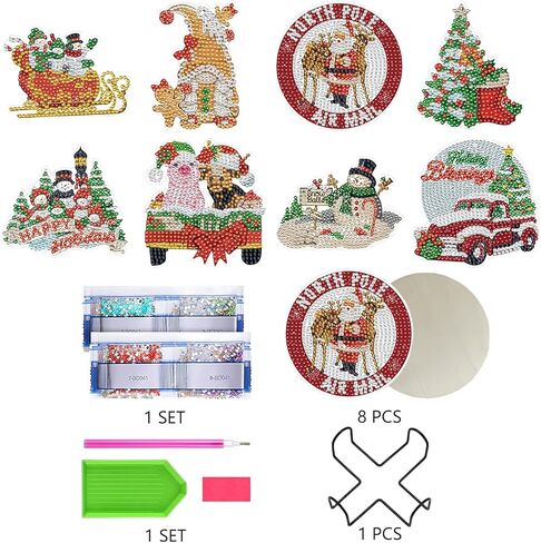 EVECLIOO 8 قطع من قواعد الأكواب الفنية الماسية لعيد الميلاد، DIY قواعد الأكواب الفنية الماسية لعيد الميلاد مع حامل، قبعة عيد الميلاد سانتا كلوز، مجموعة فنية لرجل الثلج والبقرة للأطفال والكبار in Kuwait