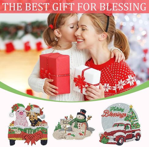 EVECLIOO 8 قطع من قواعد الأكواب الفنية الماسية لعيد الميلاد، DIY قواعد الأكواب الفنية الماسية لعيد الميلاد مع حامل، قبعة عيد الميلاد سانتا كلوز، مجموعة فنية لرجل الثلج والبقرة للأطفال والكبار in Kuwait