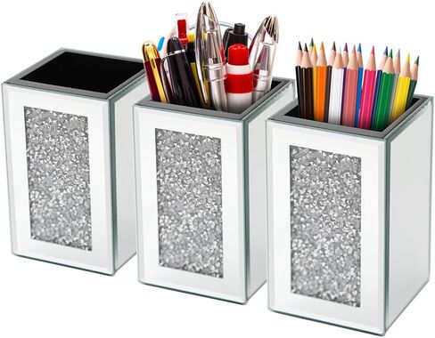 Pibeyer Desktop Mirrored Pencil Holder Cup and Pen Holder, Crush Diamond Office Stationery Organizer, Set of 3 in Saudi Arabia