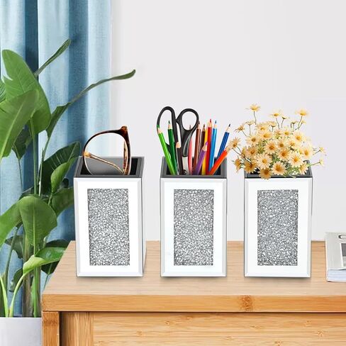 Pibeyer Desktop Mirrored Pencil Holder Cup and Pen Holder, Crush Diamond Office Stationery Organizer, Set of 3 in Saudi Arabia