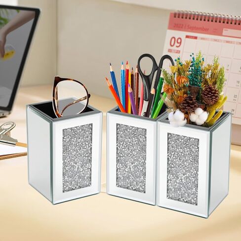 Pibeyer Desktop Mirrored Pencil Holder Cup and Pen Holder, Crush Diamond Office Stationery Organizer, Set of 3 in Saudi Arabia