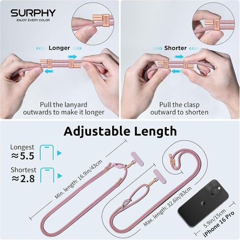 SURPHY Phone Lanyard Crossbody, Phone Strap Crossbody with 2 Tether Tabs | Adjustable Cell Phone Lanyard, Anti Theft Phone Strap, Premium Metal Buckles, Universal Lanyard for Travel, Black in Kuwait