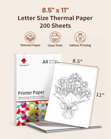 Phomemo Thermal Paper- 8.5" x 11" Letter Thermal Printer Paper Quick-Dry Paper Compatible with M08F M832 M833 M834 Portable Printer for Office, Business, Home, 200 Sheets in Saudi Arabia