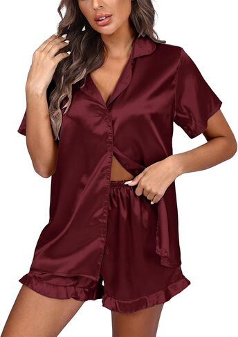 Vrtige Women's Satin Pajamas Set Short Sleeve Button Down Top With Shorts PJs Set Sleepwear in Kuwait