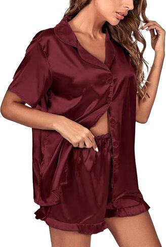 Vrtige Women's Satin Pajamas Set Short Sleeve Button Down Top With Shorts PJs Set Sleepwear in Kuwait