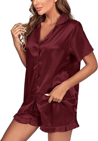 Vrtige Women's Satin Pajamas Set Short Sleeve Button Down Top With Shorts PJs Set Sleepwear in Kuwait