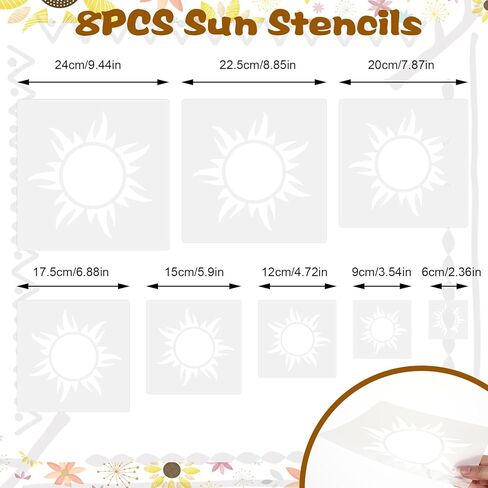 8 قطع من استنسل الشمس، 8 مقاسات قالب شمسي قابل لإعادة الاستخدام لطلاء استنسل بوهو صن لتزيين استنسل طلاء الشمس لجدار الأرضيات الخشبية والمشروعات اليدوية الفنية in Kuwait