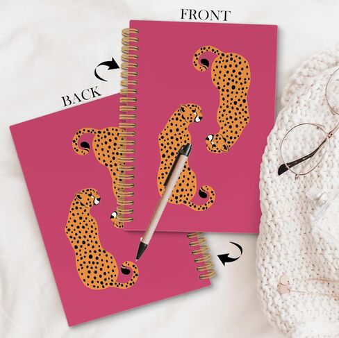 دفتر يوميات دفتر الفهد Preppy Leopard Cheetah باللون الوردي الساخن - دفاتر ملاحظات جمالية وردية، لوازم مكتبية وردية، ملحقات مكتب وردية لمكتب النساء، دفتر ملاحظات حلزوني 5.5x8.3 بوصة in Kuwait