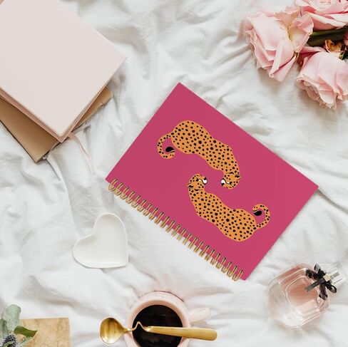 دفتر يوميات دفتر الفهد Preppy Leopard Cheetah باللون الوردي الساخن - دفاتر ملاحظات جمالية وردية، لوازم مكتبية وردية، ملحقات مكتب وردية لمكتب النساء، دفتر ملاحظات حلزوني 5.5x8.3 بوصة in Kuwait
