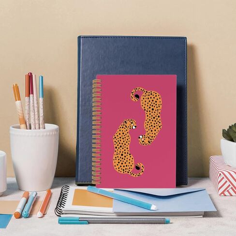 دفتر يوميات دفتر الفهد Preppy Leopard Cheetah باللون الوردي الساخن - دفاتر ملاحظات جمالية وردية، لوازم مكتبية وردية، ملحقات مكتب وردية لمكتب النساء، دفتر ملاحظات حلزوني 5.5x8.3 بوصة in Kuwait