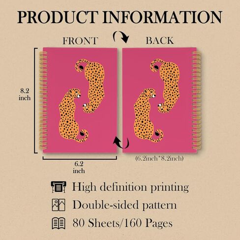 دفتر يوميات دفتر الفهد Preppy Leopard Cheetah باللون الوردي الساخن - دفاتر ملاحظات جمالية وردية، لوازم مكتبية وردية، ملحقات مكتب وردية لمكتب النساء، دفتر ملاحظات حلزوني 5.5x8.3 بوصة in Kuwait