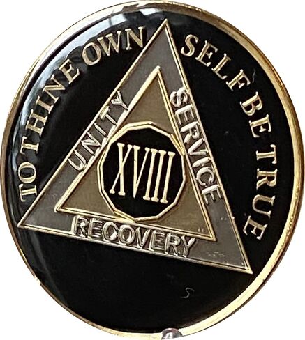 18 Year AA Medallion Metallic Classic Black Sobriety Chip XVIII Serenity Prayer Back in Saudi Arabia