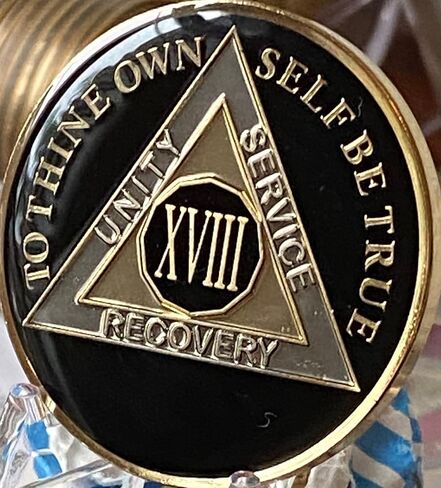 18 Year AA Medallion Metallic Classic Black Sobriety Chip XVIII Serenity Prayer Back in Saudi Arabia