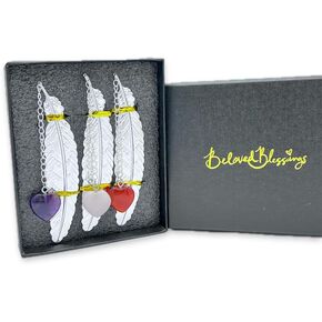 Metal Feather Bookmarks with Genuine Heart Gemstones, Set of 3 (Sodalite, Green Aventurine, Red Jasper)