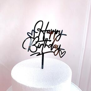 Happy Birthday Cake Topper, Mirrored Black Acrylic, Party Decoration (Black)