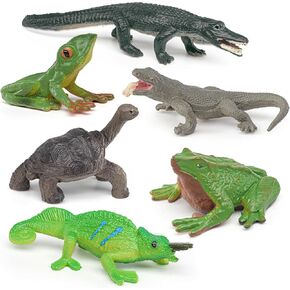 Wildlife Reptile Animal Figures 6 PCS Mini Komodo Dragon Chameleon Tree Frog Alligator Tortoise Figurine Statue Cake Toppers Desktop Decoration Eduactional Toys for Boys Girls Kids Toddlers