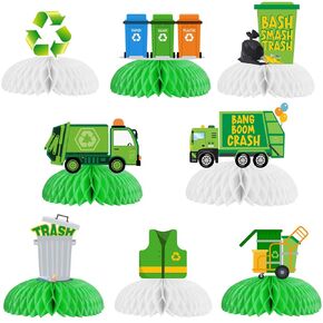 Cheereveal Garbage Truck Party Decorations for Boys, 8 Pack Garbage Truck Themed Honeycomb Centerpieces, Trash Party Table Decorations for Birthday & Baby Shower