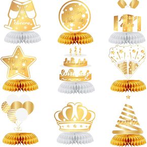 9PCS White Gold Birthday Decorations Honeycomb Centerpieces for Women Men Gold Happy Birthday Table Centerpieces Party Supplies 16th 21st 30th 40th 50th Birthday Table Topper Decor