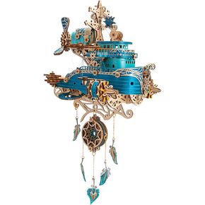 Wooden Sailing Ship，Flyship 3D Wooden Puzzle for Adults, 3D Wooden Flyship Model Building Kit，DIY Craft Kit Toy Christmas/Birthday Gift (Kit Version/Blue)
