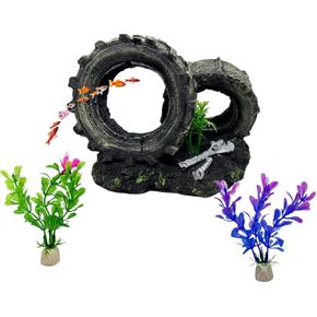 Aquarium Tyre Decor with 2 Gifted Artificial Water Grass, Resin Fish Tank Tire Ornaments, Exotic Shipwreck Themed Aquarium Scenery Landscape, Small Fish Hideout Betta Playground Spawning Spot