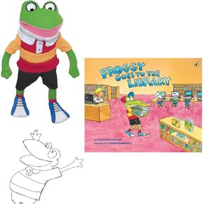 Froggy Goes to The Library Gift Set Includes Book by Jonathan London, MerryMakers Froggy Plush Friend, and We 3 Books Coloring Page (Encourages The Love of Reading, Libraries, and All Things Froggy)