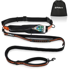 PHILORN Hands Free Dog Leash for Running, Jogging | Reflective Stitching, Adjustable Waist Belt(24"-47"), Phone Pouch, Shock Absorbing Dual Handle Bungee(47"-67") for Large Dog