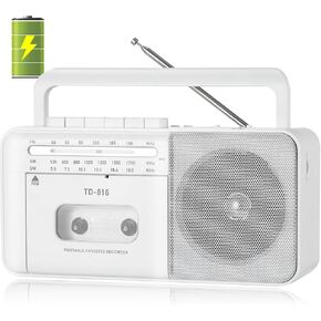 Portable Cassette Player Recorder Boombox with Bluetooth, Tape Recorder with AM/FM/SW, 8 Watts Speaker, Microphone, 3.5mm Earphone Jack, USB/TF Slot, Powered by AC or D Batteries -Black