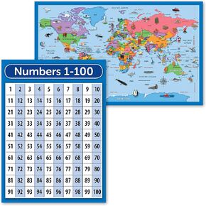 Palace Learning 2 Pack - World Map Poster for Kids [Illustrated] + Numbers 1-100 Math Chart (LAMINATED, 18" x 29")