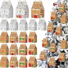 24Pcs Christmas Gingerbread House Coloring Craft Kits,Christmas Tree Candy Cane Cardboard House Hanging Ornaments DIY Snowman House Gifts Craft Activity for Christmas Holiday Birthday Party Supplies
