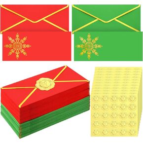 100 Set Christmas Cards with Envelopes Stickers Bulk #10 Gift Red Green Holiday Envelopes with Gold Snowflake Foil Greeting Card Stickers for Xmas Festival Party Supplies