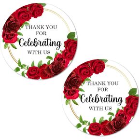 40 Red Roses Thank You for Celebrating with Us Stickers, 2 Inch Big Round Glossy Labels, Great for Weddings, Bridal Shower, Engagement Party, Party Favors Décor, Tags, Supplies. Made in USA.